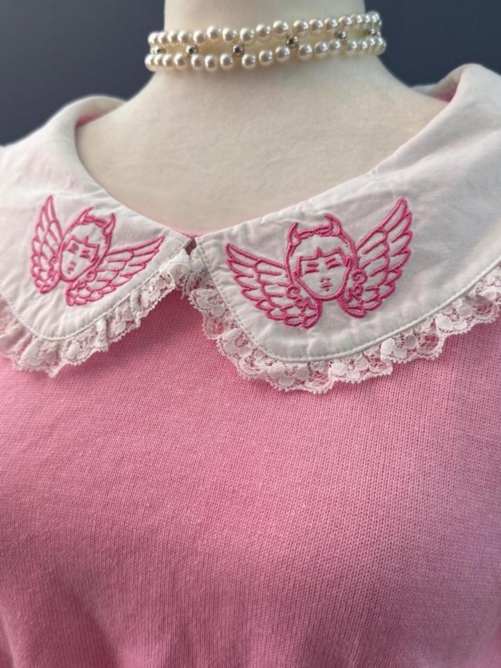 DOLLS KILL x Sugar Thrillz Angel Devil Cherub Embroidery Cropped Pink Sweater XL